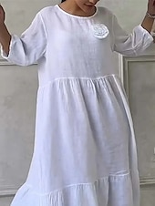 olcso design pamut és len ruhák-Női maxi ruha nyári ruha laza mindennapi normál fazon sima len-szerű 3/4 hosszú ujjú kerek nyakú fehér rózsaszín kék bézs nyári