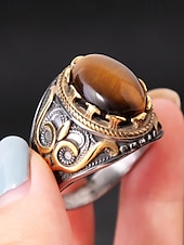 abordables Bijoux pour hommes-Bague vintage en acier inoxydable pour homme avec pierre œil de tigre, design tribal en argent antique, bague audacieuse, adaptée aux occasions décontractées et formelles