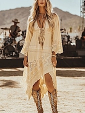 levne Boho šaty-Dámské Midi šaty Boho šaty Westernové šaty Módní Venkovní Dovolená Jdeme ven Běžný Bez vzoru Dlouhý rukáv Do V Meruňková Léto