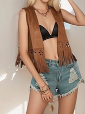 billige Boho topper-Dame Bluse عادي Moderne Fritid Ermeløs V-hals Vanlige topper Ferie Ut på byen Dusker Utskjæring Brun Sommer