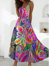 preiswerte Blumenkleider-Damen Maxikleid A Linie Kleid Unterkleid Urlaub Lässig Boho Party Ausgehen Normale Passform Blumen Grafik Ärmellos V Ausschnitt Blau Purpur Braun Beige Sommer Frühling