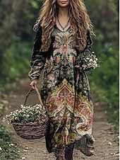 tanie Sukienki boho-Damskie Sukienka maxi Sukienka letnia Plisowana sukienka Urlop Codzienny Boho Wyjściowe Plaża Luźny / a Graficzny W Tureckie Wzory Długi rękaw W serek Głęboka zieleń Czarny Czerwony Niebieski Lato
