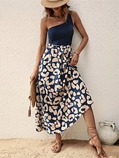 abordables Robes fleuries élégantes-Femmes Robe Midi Robe Décontractée Robe d&#039;été Élégant Mode Moderne Quotidien Plage Week-end Coupe régulière Léopard Sans manches Une Épaule Noir bleu marine Été