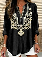 voordelige Dames Boho Tops-Dames Boho Blouse Grafisch Geometrisch Paisley Elegant Bohemia Vintage Lange Mouw V-hals Regular Tops Dagelijks Print Zwart Blauw Lichtgrijs Beige Zomer Lente