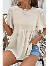 preiswerte Hemden-Damen Leinen-inspirierte Hemden Bluse Einfach Modern Lässig Kurzarm Rundhalsausschnitt Normale Oberteile Täglich Ferien Ausgehen Gerafft Aprikose Sommer