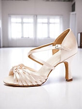 voordelige Latin dansschoenen-Bruine satijnen latin danshakken voor dames – open schoenen met bandjes voor dames, salsa, rumba en tango