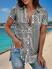 cheap Stripe&amp;Geometric Tops-Women&#039;s Shirt Graphic Geometric Striped Vintage Tropical Daily Sleeveless Short Sleeve Cap Sleeve Shirt Collar Regular Tops Daily White Camel Summer Spring