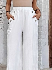 economico Pantaloni in lino e cotone semplici-Pantaloni chinos baggy a gamba larga da donna in tinta unita stile etnico basic casual lunghezza intera vita alta tinta unita tasca vita elastica comfort outdoor micro-elastici vacanza street