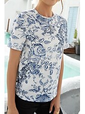 billige Blomster t-skjorte-Dame T skjorte Blomstret Moderne Fritid Kortermet Crew-hals Vanlige topper Daglig Helg Trykt mønster Hvit Sommer