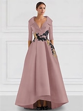 preiswerte SCHWARZ-Schwarzes A-Linie Abendkleid Vintage Gesticktes Elegantes Kleid Smokingkleid Formal Bodenlang Langarm V-Ausschnitt Tasche Satin mit Perlenapplikationen