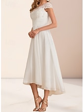 cheap Wedding Dresses-Engagement Little White Dresses Wedding Dresses A-Line Boat Neck Regular Straps Asymmetrical Chiffon Bridal Gowns With Pleats Ruched
