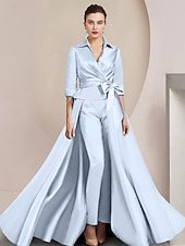 billige Mammas jumpsuits-To-delt jumpsuit/buksedress mor til bruden formell bryllupsgjest elegant skjortekrage ankel lengde sateng halv erme med sløyfe(r) gratis tilpasset størrelse