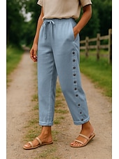 abordables Pantalon uni en coton et lin-Femmes Pantalon en coton et lin Confort Longueur complète Taille haute Uni Avec Poches Ceinture Élastique Confortable Extérieur Rue Tenue quotidienne Sortir Noir Blanche Bleu Kaki Été Coupe régulière