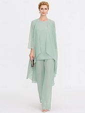 billiga Mammas byxdräkter-Strand Bröllop Jumpsuit/Byxdräkt 3 Delar Mor Till Brud Bröllops Gäst Elegant Plus Size Inkluderat Bateau Hals Golvlängd Chiffon Ärmlös Jacka es med Enfärgade Färger