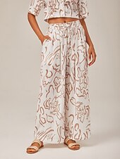 cheap Pants-Artistic Print Elastic Tie Waist &amp; Linen-Like Fabric Wide-Leg Pants