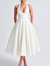 ieftine Casual / Nuntă de zi-Rochie A-line Rochie Jacquard Rochie Semi-formală Rochie cocktail Lungime midi Fără mâneci Guler halter Fundiță Spate descoperit cu detaliu cu dantelă Rochie pentru invitați la nuntă