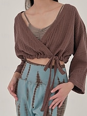billige Skjorter-Dame Linskjorte Bluse عادي Fritid Langermet V-hals Crop Tops Daglig Ut på byen knyte foran Hvit Gul Brun Sommer