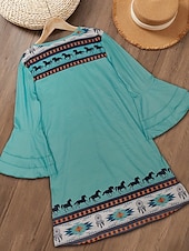 cheap Boho Dress-Women&#039;s Mini Dress Sundress A Line Dress Vacation Casual Boho Going out Beach Regular Fit Graphic Tribal 3/4 Length Sleeve V Neck Green Summer Spring