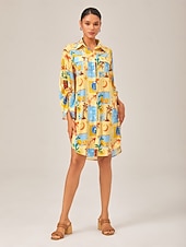 baratos Vestidos Florais-Mulheres Feminino Camisetão Vestido no Joelho Amarelo Manga Longa Folha Animal Árvore Botões Estampado Verão Colarinho de Camisa Férias Lazer XS S M