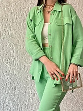 abordables Ensembles-Femmes Mode Streetwear Ensembles en coton et lin Ensembles deux pièces Ensembles de Pantalons manche longue Col de chemise Uni Tenue quotidienne Date Rose Claire Vert Beige Été Coupe régulière
