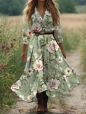 economico Abiti floreali-Per donna Abito Midi Abito a trapezio Vacanza Casual Boho All&#039;aperto Uscire Spiaggia Vestibilità comoda Floreale Grafico Manica 3/4 Scollo a V Rosa Blu Arancione Verde Estate