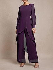preiswerte Unter 129,99 $-Hosenanzug Brautmutter Klassischer Rundhalsausschnitt Asymmetrischer Saum Chiffon Lange Ärmel mit Einfarbig