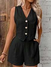 cheap Women&#039;s Blouse Suits-Women&#039;s Active Blouse Vest Shorts Sets Sleeveless V Neck Solid Color Dubbele Rij Knopen Holiday Casual Daily Black Wine Army Green Summer Regular Fit