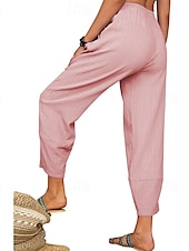 baratos Calça de linho de algodão simples-Mulheres Calças de linho de algodão Calças Roupa de rua Casual Comprimento total Natural Tecido Bolsos Cintura elástica Confortável Para Noite Final de semana Vinho Cinzento Preto Branco Verão Normal