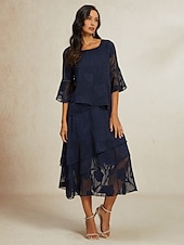 cheap Dressy Tops-Women&#039;s Lace Shirt Blouse Dressy Tops Chiffon Tops Solid Color Elegant Stylish Basic 3/4 Length Sleeve Bell Sleeve Boat Neck Regular Tops Wedding Guest Work Daily Asymmetric Hem Navy Blue Summer
