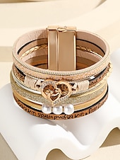 abordables Bracelet pour femme-Bracelet magnétique en similicuir pour femme – Bracelet manchette en alliage avec breloque cœur et perle et texte inspirant, bijou tendance style bohème, idéal pour la fête des mères, les anniversaires et les tenues décontractées.