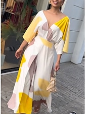 abordables Robe Fleurie-Femmes Robe Ensemble Robe Portefeuille Robe à épaules dénudées Occasionnel Bloc de Couleur Froncé Imprimé Robe Midi Manche 3/4 Une Épaule Extérieur Quotidien Jaune Rose dragée Été Printemps Coupe
