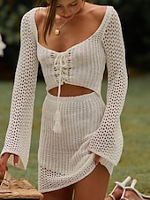 abordables Robes de plage-Maillots de bain pour femmes jupe de couverture maillot de bain découpé vacances plage vêtements couleur unie à col en V manches longues maillots de bain