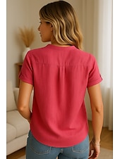 voordelige Overhemden-Dames Knoop omhoog Katoenen linnen overhemd Effen Stijlvol Modern Korte mouw V-hals Normale tops Dagelijks Feestdagen Knop Rood blauw Zomer