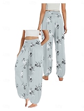 billiga Grafisk linnebyxa i bomull-Dam Linneinspirerade byxor Brett skaft Byxor Etnisk Stil Ledigt Boho Fullängd Hög midja Blommig Löv Tropisk Ficka Elastisk midja Tryck Mateial som andas Mjuk Microelastisk Utomhus Yoga Vit Blå Beige