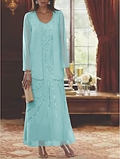 abordables Avec veste-Robe Mère de la Mariée Coupe Deux Pièces à la Plage Invité de Mariage Élégant Étincelle  Brillance Encolure en V Longueur Cheville Chiffon Sequins Manches Longues avec Sequins 2025 taille