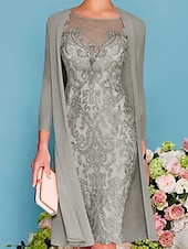 preiswerte Mit Jacke-zweiteiliges Etuikleid in Champagner für die Strandhochzeit, Mutter der Braut, elegantes Hochzeitsgastkleid mit Rundhalsausschnitt, knielang, Chiffonspitze, 3/4-Ärmel, Wickelkleid inklusive Jacke,