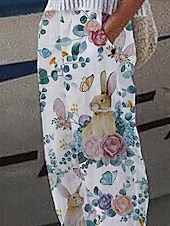 billiga Grafisk linnebyxa i bomull-Dam Linneinspirerade byxor Harem byxor Mode Boho Fullängd Medium Midja Kanin Blomma Elastisk midja Andningsfunktion Bekväm Microelastisk Gata Dagliga kläder Utekväll Blå Sommar Vår Normal
