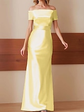 abordables Champagne-Robe de soirée fourreau Élégante Robe formelle de performance Longueur de sol Manches courtes Off-shoulder Satin glossy