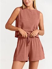 cheap Sets-Women&#039;s Active Basic Cotton Linen Sets Blouse Shorts Sets Sleeveless Crew Neck Solid Color Drawstring Going out Weekend Black Blue Orange Summer Regular Fit