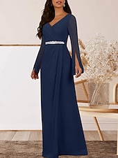preiswerte Bodenlänge-A-Linie Brautmutterkleid Hochzeitsgast Elegant V Ausschnitt Bodenlang Chiffon Langarm mit Kristalle Raffung 2025
