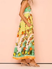 economico abiti stampati in cotone e lino-Per donna Abito Lungo Maxi Abito Abiti in cotone e lino Vestito Casual Abito Sottoveste Moda All&#039;aperto Feste Ferie Vestibilità regolare Frutta Senza Maniche Spalline sottili Giallo Estate