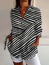 economico Top a Righe e Geometrici per Donne-Camicia da donna Button Down Tunic Camicia colletto manica lunga grafica geometrica a righe vintage tropicale quotidiano regolare tops lavoro quotidiano s stampa nera primavera