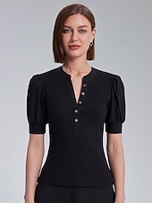 economico Bluse e camicie-Per donna Tinta unica Formale All&#039;aperto Ufficio Manica a Palloncino Nero Rosa Manica a sbuffo Manette Bottoni Davanti Manica Corta Elegante Moda Casual Quotidiano Dentellato Estate Primavera