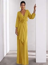 economico VERDE-Linea ad A Abito da Sera Elegante Vestito Formale Matrimonio Lunghezza al pavimento Manica Lunga Scollo a V Crepe Elasticizzato con Volant 2025
