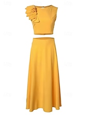 preiswerte Cocktailkleider-Strandhochzeit Zweiteilige Cocktailkleider Elegantes Kleid Abschlussfeier Verlobung knöchellang Ärmellos Juwel-Ausschnitt Herbst Hochzeitsgast Satin mit Rüschen einfarbige Kleider
