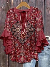 economico Top Floreali-Blusa da donna con maniche a strati e arricciate top floreale grafico vintage Bohemia quotidiano maniche a 3/4 scollatura a V top regolari abbigliamento quotidiano per le vacanze stampa rosa rossa