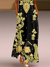 cheap Boho Dress-Women&#039;s Maxi Dress Sundress A Line Dress Summer Dress Vacation Casual Boho Daily Holiday Loose Fit Graphic Paisley Tribal Sleeveless Crew Neck V Neck Yellow Summer