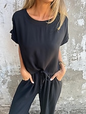 cheap Sets-Women&#039;s Active Basic Cotton Linen Sets Short Sleeve Crew Neck Solid Color Ruffle Casual Daily Black Army Green Orange Summer Regular Fit