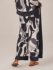 economico Pantaloni-pantaloni a gamba larga in raso geometrico bianco e nero