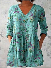 cheap Hawaiian Tops-Women&#039;s Blouse Floral Graphic Bohemia Vintage Casual Long Sleeve V Neck Regular Tops Daily Going out Pocket Print Wine Blue Fuchsia Green Light Blue Summer